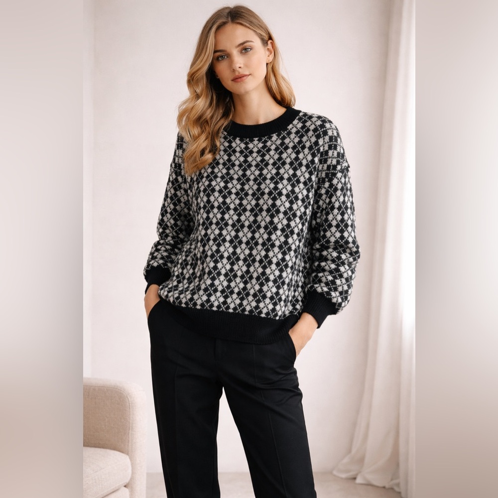 Vintage Heather & Tweed Black White Knit Sweater XL 90s Cozy Wool Blend
